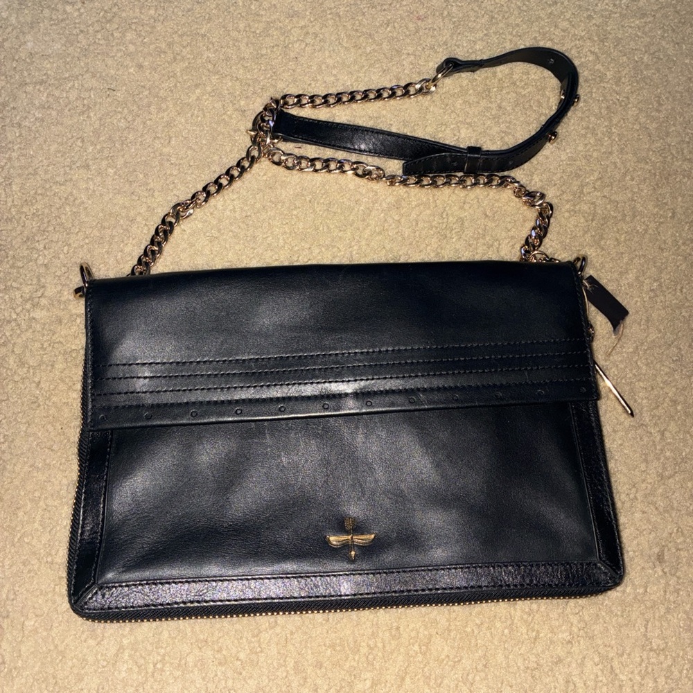 Pour La Victoire Black Leather Crossbody Bag with Chain Strap